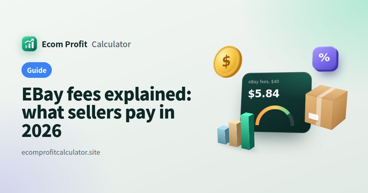 eBay fees explained: what sellers pay in 2026: 3D illustration of a profit card with coins, a parcel and a sales chart