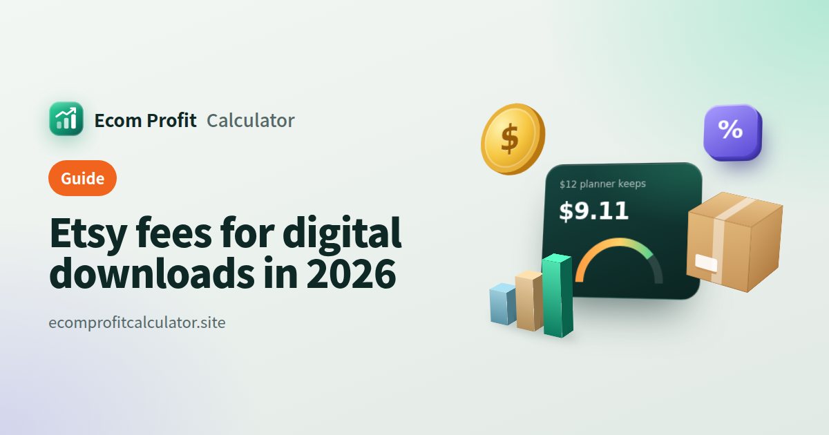 Etsy fees for digital downloads in 2026: 3D illustration of a profit card with coins, a parcel and a sales chart