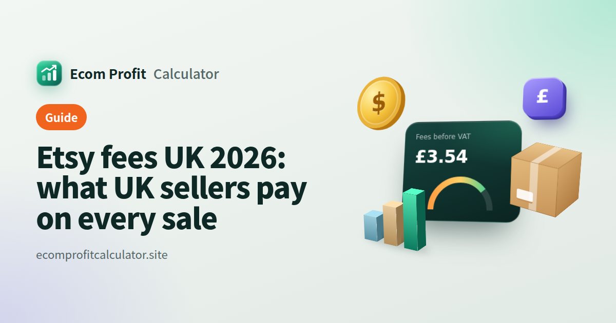Etsy fees UK 2026: what UK sellers pay on every sale: 3D illustration of a profit card with coins, a parcel and a sales chart