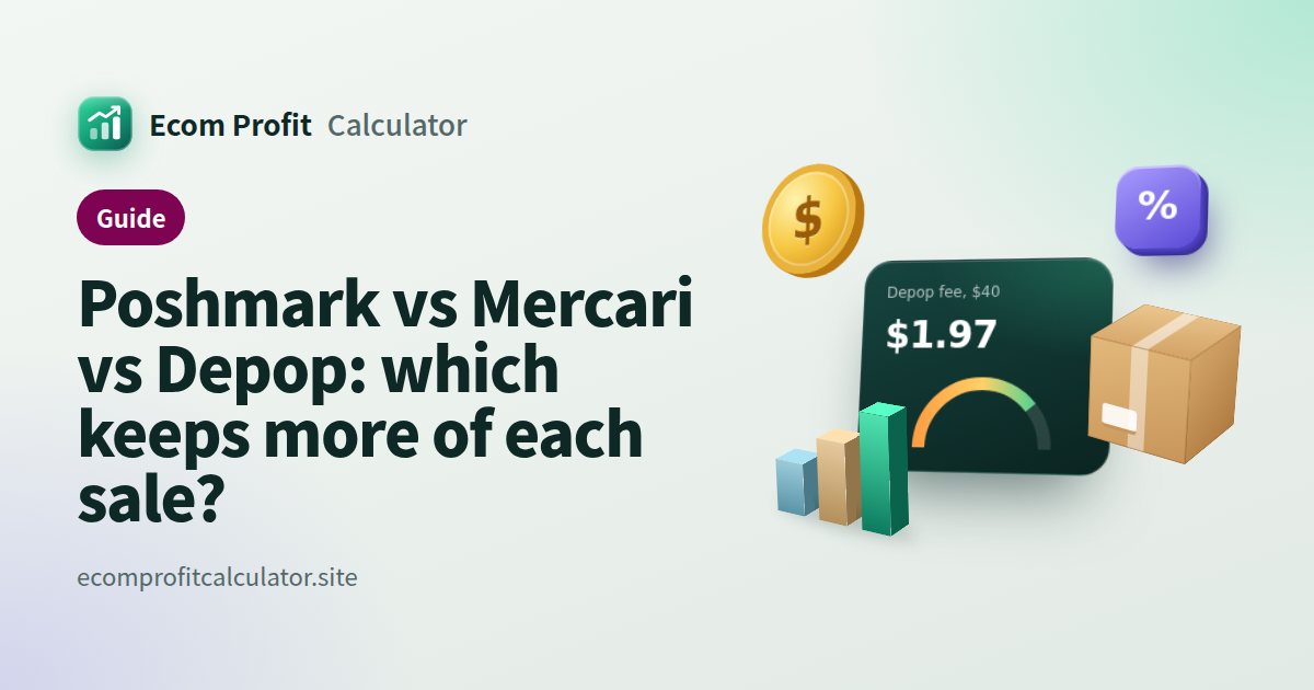 Poshmark vs Mercari vs Depop: which keeps more of each sale?: 3D illustration of a profit card with coins, a parcel and a sales chart