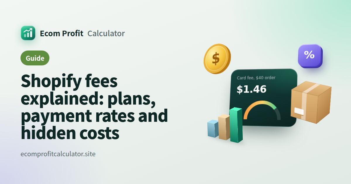 Shopify fees explained: plans, payment rates and hidden costs: 3D illustration of a profit card with coins, a parcel and a sales chart