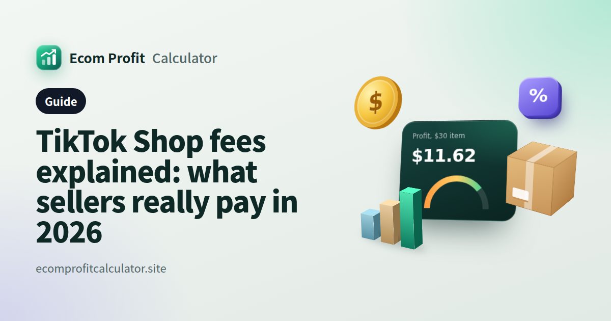 TikTok Shop fees explained: what sellers really pay in 2026: 3D illustration of a profit card with coins, a parcel and a sales chart